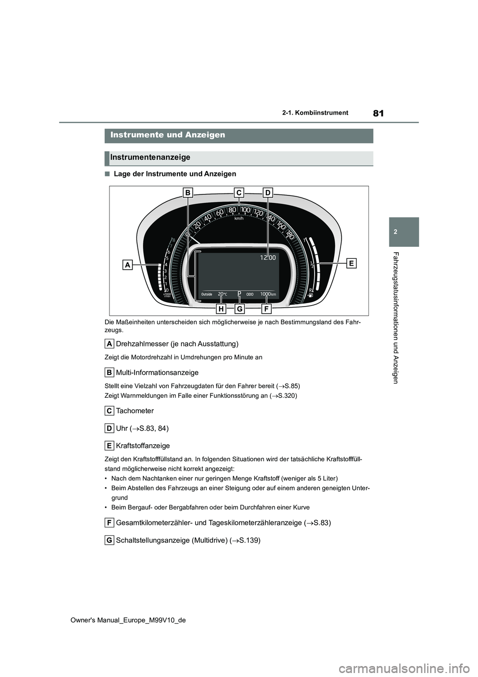 TOYOTA AYGO X 2022 Betriebsanleitungen (in German) 81
2
Owner's Manual_Europe_M99V10_de
2-1. Kombiinstrument
Fahrzeugstatusinformationen und Anzeigen
■Lage der Instrumente und Anzeigen
Die Maßeinheiten unterscheiden sich möglicherweise je nach TOYOTA AYGO X 2022 Betriebsanleitungen (in German) 81
2
Owner's Manual_Europe_M99V10_de
2-1. Kombiinstrument
Fahrzeugstatusinformationen und Anzeigen
■Lage der Instrumente und Anzeigen
Die Maßeinheiten unterscheiden sich möglicherweise je nach