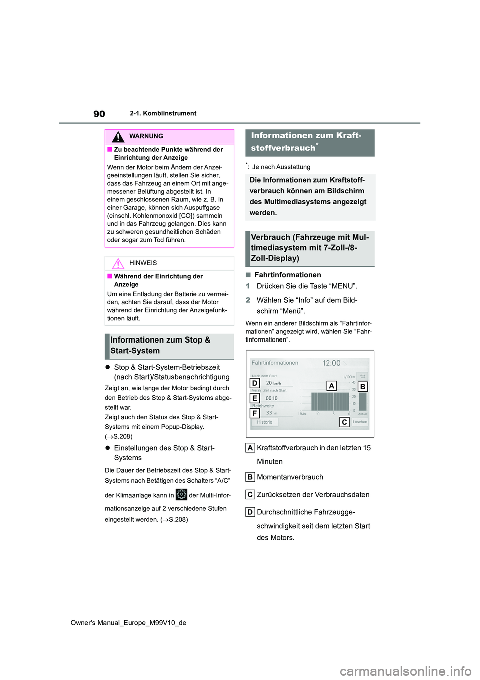 TOYOTA AYGO X 2022  Betriebsanleitungen (in German) 90
Owner's Manual_Europe_M99V10_de
2-1. Kombiinstrument
Stop & Start-System-Betriebszeit  
(nach Start)/Statusbenachrichtigung
Zeigt an, wie lange der Motor bedingt durch  
den Betrieb des Stop