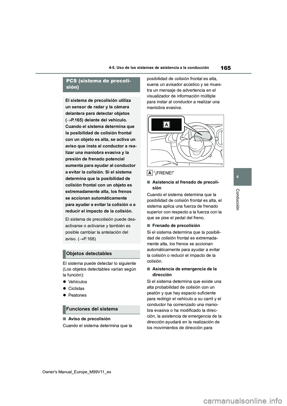 TOYOTA AYGO X 2022 Manuale de Empleo (in Spanish) 165
4
Owner's Manual_Europe_M99V11_es
4-5. Uso de los sistemas de asistencia a la conducción
Conducción
El sistema puede detectar lo siguiente
(Los objetos detectables varían según
la funci TOYOTA AYGO X 2022 Manuale de Empleo (in Spanish) 165
4
Owner's Manual_Europe_M99V11_es
4-5. Uso de los sistemas de asistencia a la conducción
Conducción
El sistema puede detectar lo siguiente
(Los objetos detectables varían según
la funci