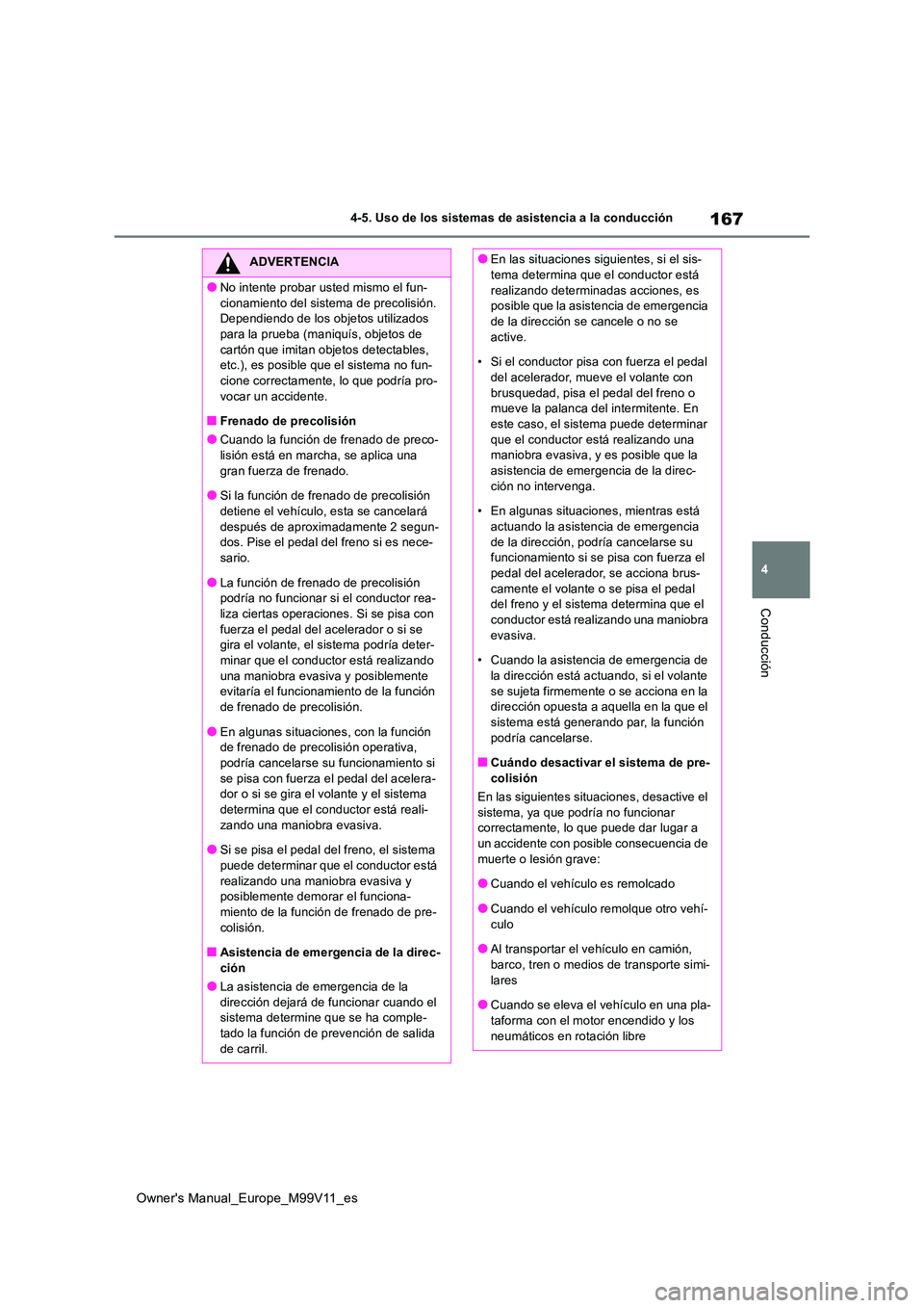 TOYOTA AYGO X 2022  Manuale de Empleo (in Spanish) 167
4
Owner's Manual_Europe_M99V11_es
4-5. Uso de los sistemas de asistencia a la conducción
Conducción
ADVERTENCIA
●No intente probar usted mismo el fun- 
cionamiento del sistema de precolisi