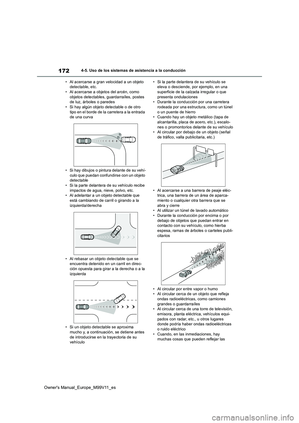 TOYOTA AYGO X 2022 Manuale de Empleo (in Spanish) 172
Owner's Manual_Europe_M99V11_es
4-5. Uso de los sistemas de asistencia a la conducción
• Al acercarse a gran velocidad a un objeto detectable, etc.• Al acercarse a objetos del arcén, c TOYOTA AYGO X 2022 Manuale de Empleo (in Spanish) 172
Owner's Manual_Europe_M99V11_es
4-5. Uso de los sistemas de asistencia a la conducción
• Al acercarse a gran velocidad a un objeto detectable, etc.• Al acercarse a objetos del arcén, c