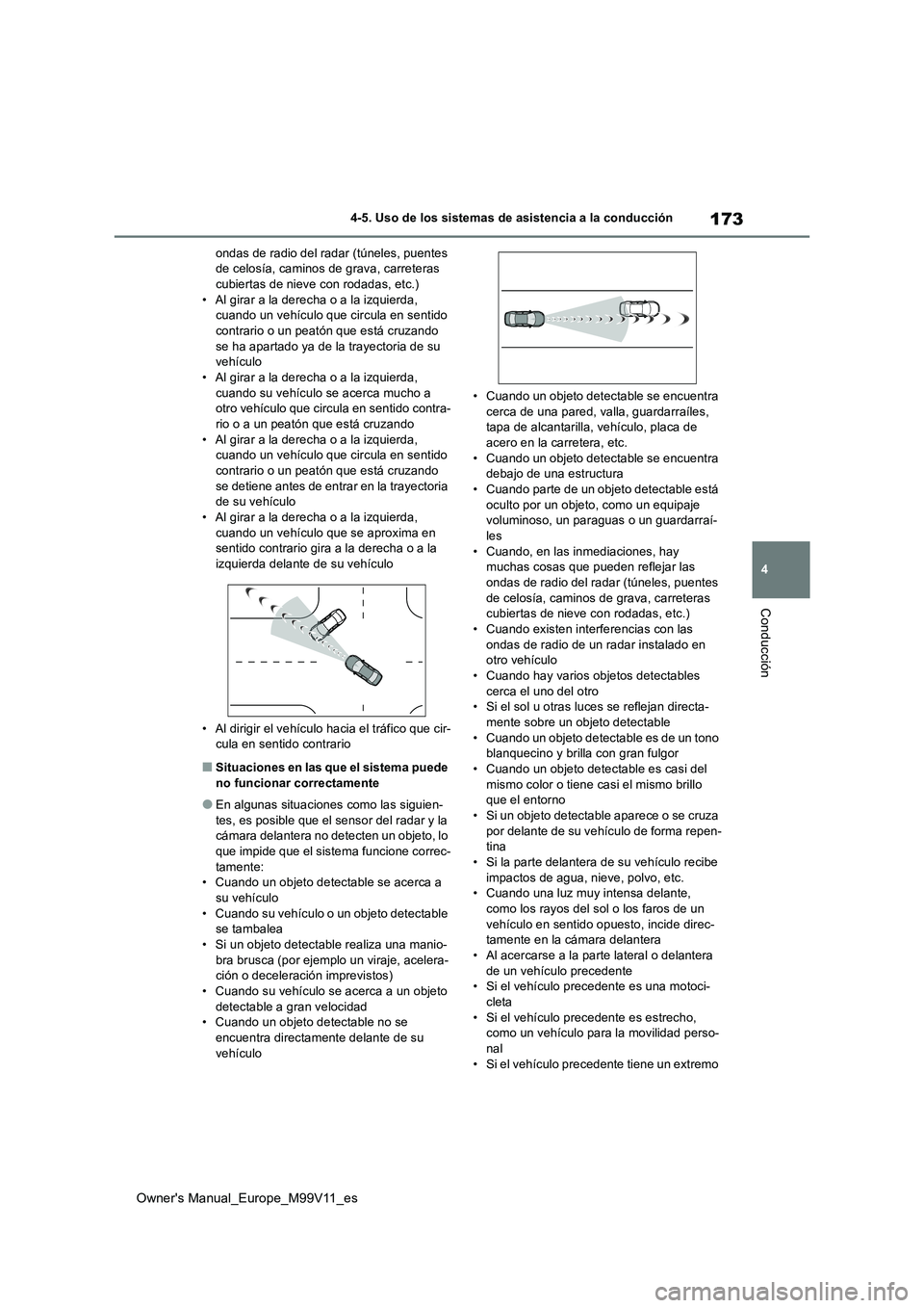 TOYOTA AYGO X 2022 Manuale de Empleo (in Spanish) 173
4
Owner's Manual_Europe_M99V11_es
4-5. Uso de los sistemas de asistencia a la conducción
Conducción
ondas de radio del radar (túneles, puentes de celosía, caminos de grava, carreteras cub TOYOTA AYGO X 2022 Manuale de Empleo (in Spanish) 173
4
Owner's Manual_Europe_M99V11_es
4-5. Uso de los sistemas de asistencia a la conducción
Conducción
ondas de radio del radar (túneles, puentes de celosía, caminos de grava, carreteras cub