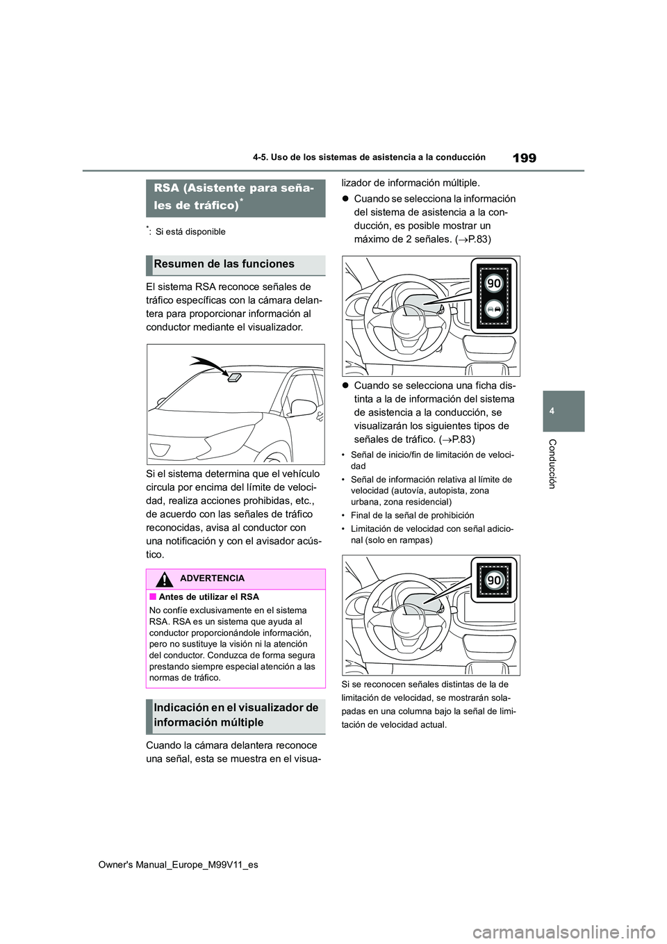 TOYOTA AYGO X 2022 Manuale de Empleo (in Spanish) 199
4
Owner's Manual_Europe_M99V11_es
4-5. Uso de los sistemas de asistencia a la conducción
Conducción
*: Si está disponible
El sistema RSA reconoce señales de
tráfico específicas con la TOYOTA AYGO X 2022 Manuale de Empleo (in Spanish) 199
4
Owner's Manual_Europe_M99V11_es
4-5. Uso de los sistemas de asistencia a la conducción
Conducción
*: Si está disponible
El sistema RSA reconoce señales de
tráfico específicas con la