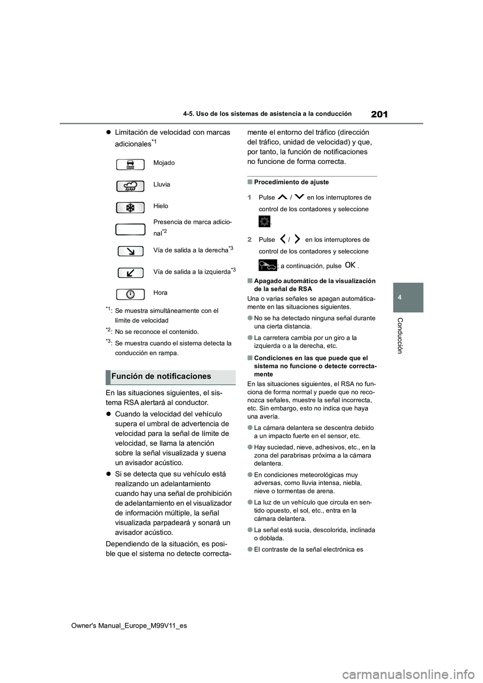 TOYOTA AYGO X 2022 Manuale de Empleo (in Spanish) 201
4
Owner's Manual_Europe_M99V11_es
4-5. Uso de los sistemas de asistencia a la conducción
Conducción
Limitación de velocidad con marcas
adicionales*1
*1: Se muestra simultáneamente con TOYOTA AYGO X 2022 Manuale de Empleo (in Spanish) 201
4
Owner's Manual_Europe_M99V11_es
4-5. Uso de los sistemas de asistencia a la conducción
Conducción
Limitación de velocidad con marcas
adicionales*1
*1: Se muestra simultáneamente con