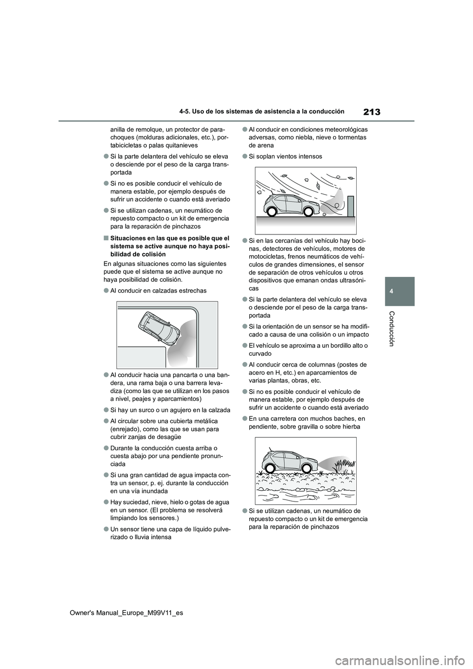 TOYOTA AYGO X 2022 Manuale de Empleo (in Spanish) 213
4
Owner's Manual_Europe_M99V11_es
4-5. Uso de los sistemas de asistencia a la conducción
Conducción
anilla de remolque, un protector de para- choques (molduras adicionales, etc.), por-tabici TOYOTA AYGO X 2022 Manuale de Empleo (in Spanish) 213
4
Owner's Manual_Europe_M99V11_es
4-5. Uso de los sistemas de asistencia a la conducción
Conducción
anilla de remolque, un protector de para- choques (molduras adicionales, etc.), por-tabici