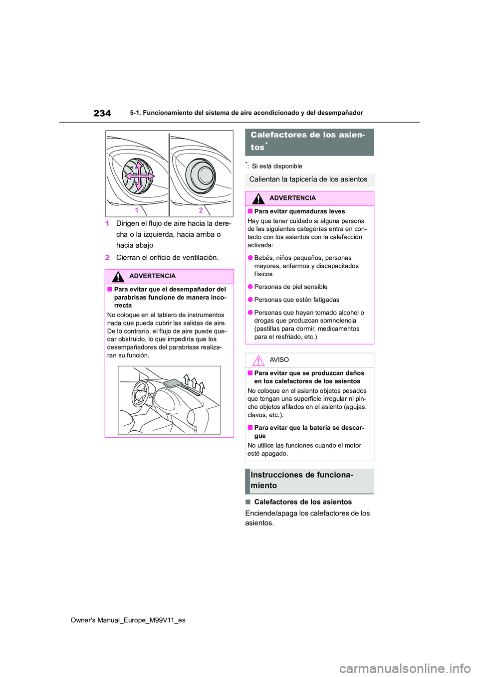 TOYOTA AYGO X 2022  Manuale de Empleo (in Spanish) 234
Owner's Manual_Europe_M99V11_es
5-1. Funcionamiento del sistema de aire acondicionado y del desempañador
1Dirigen el flujo de aire hacia la dere- 
cha o la izquierda, hacia arriba o  
hacia a