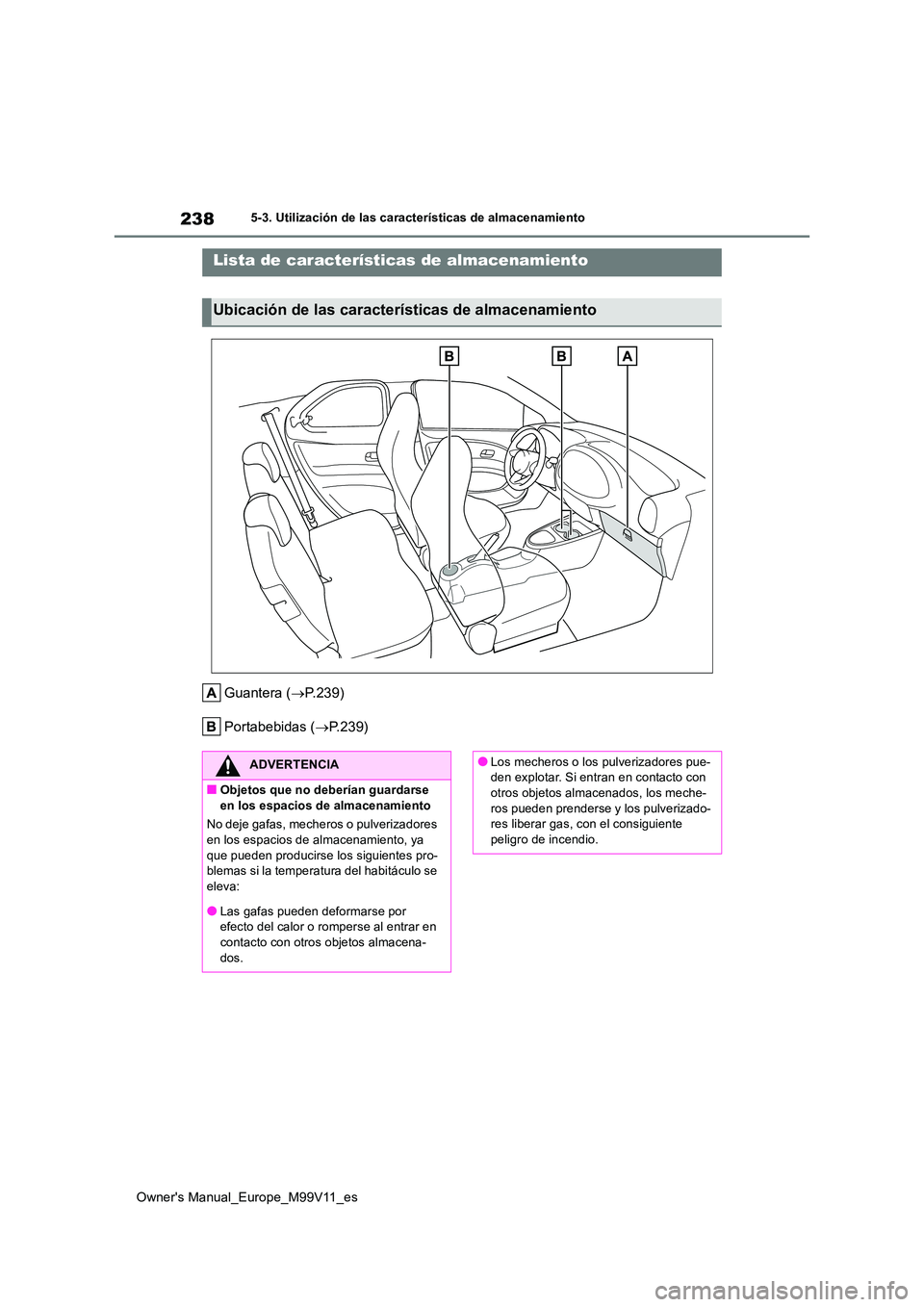 TOYOTA AYGO X 2022  Manuale de Empleo (in Spanish) 238
Owner's Manual_Europe_M99V11_es
5-3. Utilización de las características de almacenamiento
5-3.Utiliz ación de la s característic as de almacen amie nto
Guantera (P.239) 
Portabebidas ( 