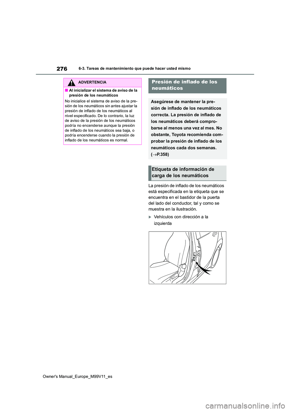 TOYOTA AYGO X 2022 Manuale de Empleo (in Spanish) 276
Owner's Manual_Europe_M99V11_es
6-3. Tareas de mantenimiento que puede hacer usted mismo
La presión de inflado de los neumáticos
está especificada en la etiqueta que se
encuentra en el b TOYOTA AYGO X 2022 Manuale de Empleo (in Spanish) 276
Owner's Manual_Europe_M99V11_es
6-3. Tareas de mantenimiento que puede hacer usted mismo
La presión de inflado de los neumáticos
está especificada en la etiqueta que se
encuentra en el b