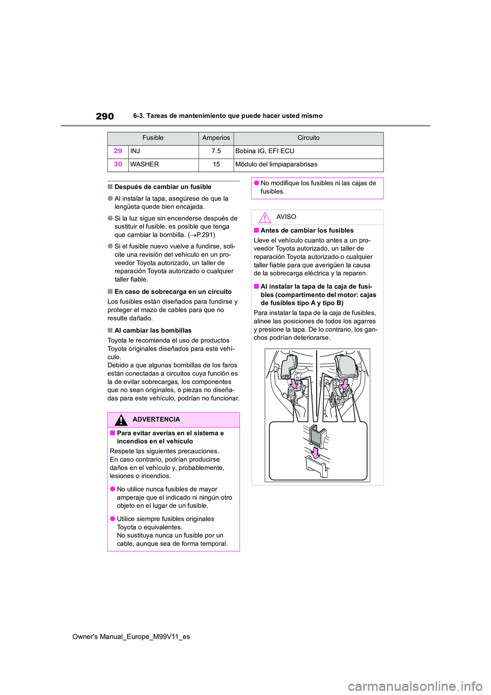 TOYOTA AYGO X 2022 Manuale de Empleo (in Spanish) 290
Owner's Manual_Europe_M99V11_es
6-3. Tareas de mantenimiento que puede hacer usted mismo
■Después de cambiar un fusible
●Al instalar la tapa, asegúrese de que la lengüeta quede bien en TOYOTA AYGO X 2022 Manuale de Empleo (in Spanish) 290
Owner's Manual_Europe_M99V11_es
6-3. Tareas de mantenimiento que puede hacer usted mismo
■Después de cambiar un fusible
●Al instalar la tapa, asegúrese de que la lengüeta quede bien en