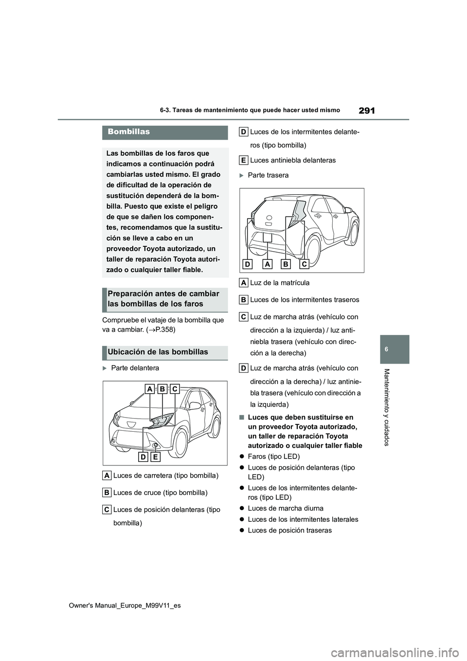 TOYOTA AYGO X 2022 Manuale de Empleo (in Spanish) 291
6
Owner's Manual_Europe_M99V11_es
6-3. Tareas de mantenimiento que puede hacer usted mismo
Mantenimiento y cuidados
Compruebe el vataje de la bombilla que
va a cambiar. ( P.358)
Parte TOYOTA AYGO X 2022 Manuale de Empleo (in Spanish) 291
6
Owner's Manual_Europe_M99V11_es
6-3. Tareas de mantenimiento que puede hacer usted mismo
Mantenimiento y cuidados
Compruebe el vataje de la bombilla que
va a cambiar. ( P.358)
Parte