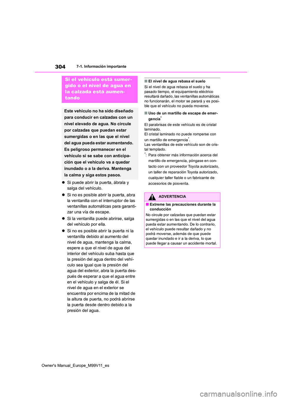TOYOTA AYGO X 2022  Manuale de Empleo (in Spanish) 304
Owner's Manual_Europe_M99V11_es
7-1. Información importante
Si puede abrir la puerta, ábrala y  
salga del vehículo. 
 Si no es posible abrir la puerta, abra  
la ventanilla con el in