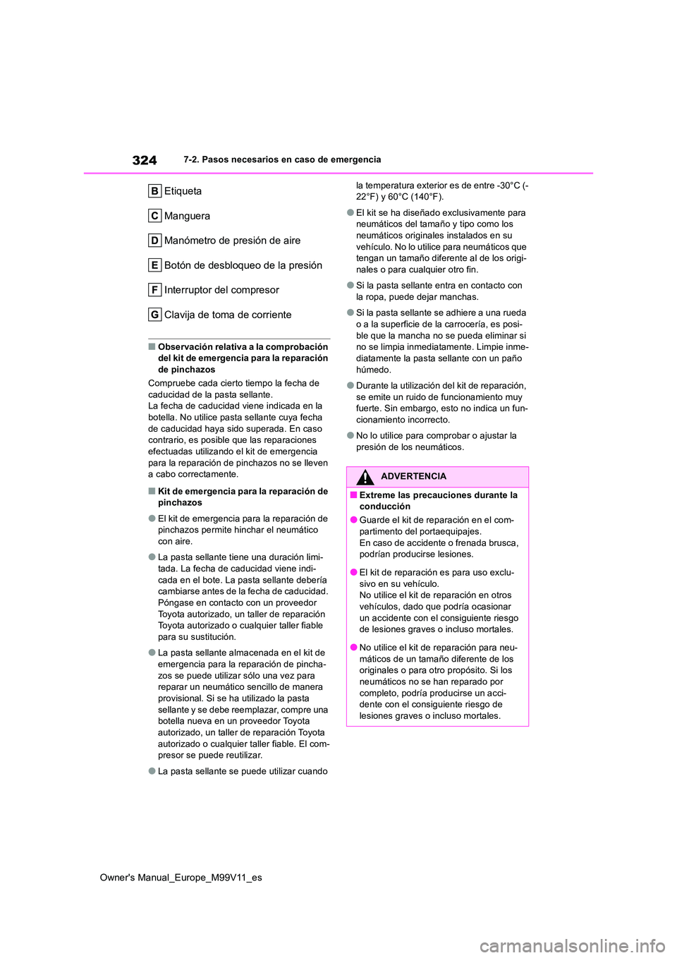 TOYOTA AYGO X 2022  Manuale de Empleo (in Spanish) 324
Owner's Manual_Europe_M99V11_es
7-2. Pasos necesarios en caso de emergencia
Etiqueta 
Manguera
Manómetro de presión de aire
Botón de desbloqueo de la presión
Interruptor del compresor
Clav