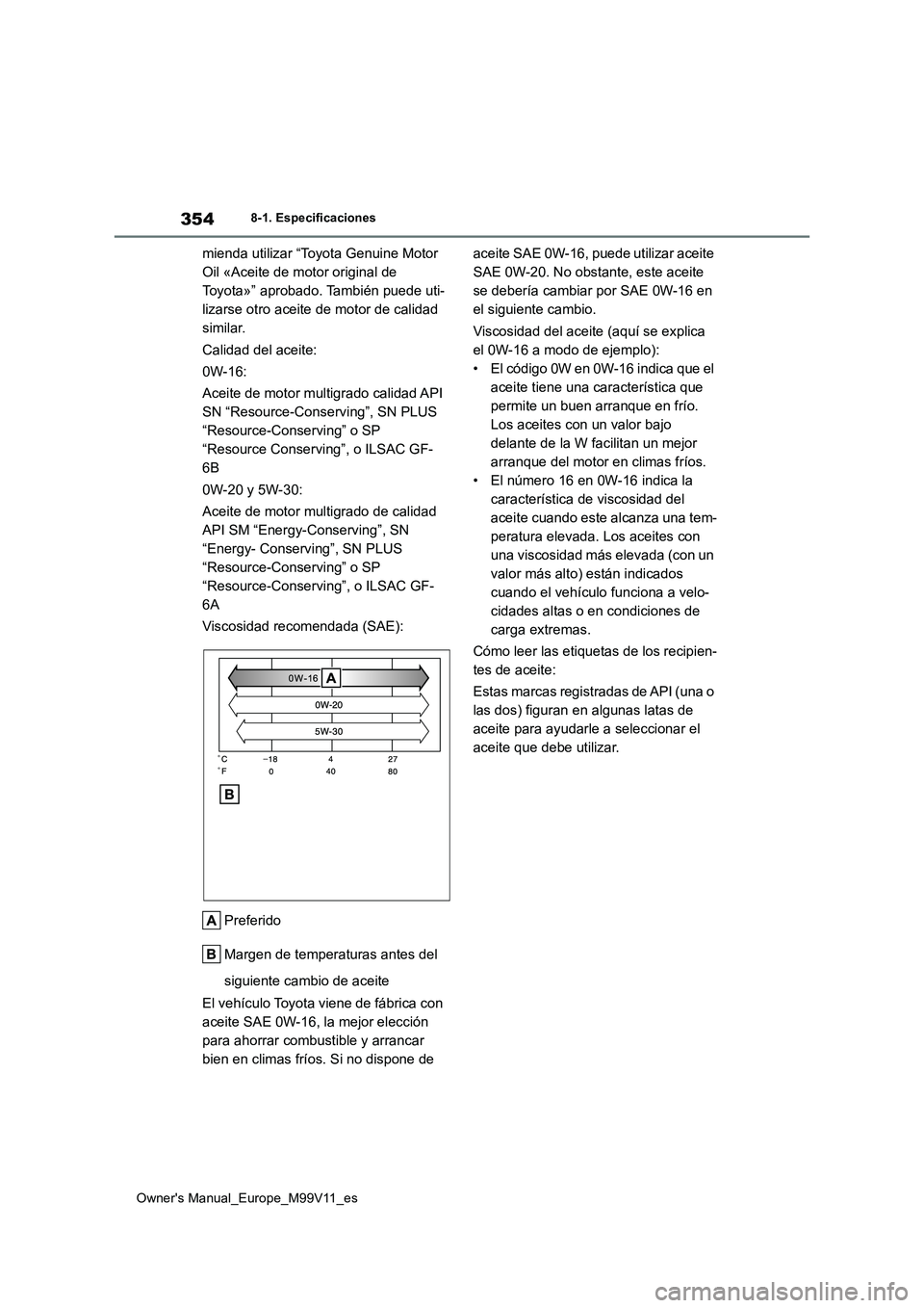 TOYOTA AYGO X 2022  Manuale de Empleo (in Spanish) 354
Owner's Manual_Europe_M99V11_es
8-1. Especificaciones
mienda utilizar “Toyota Genuine Motor  
Oil «Aceite de motor original de 
Toyota»” aprobado. También puede uti-
lizarse otro aceite