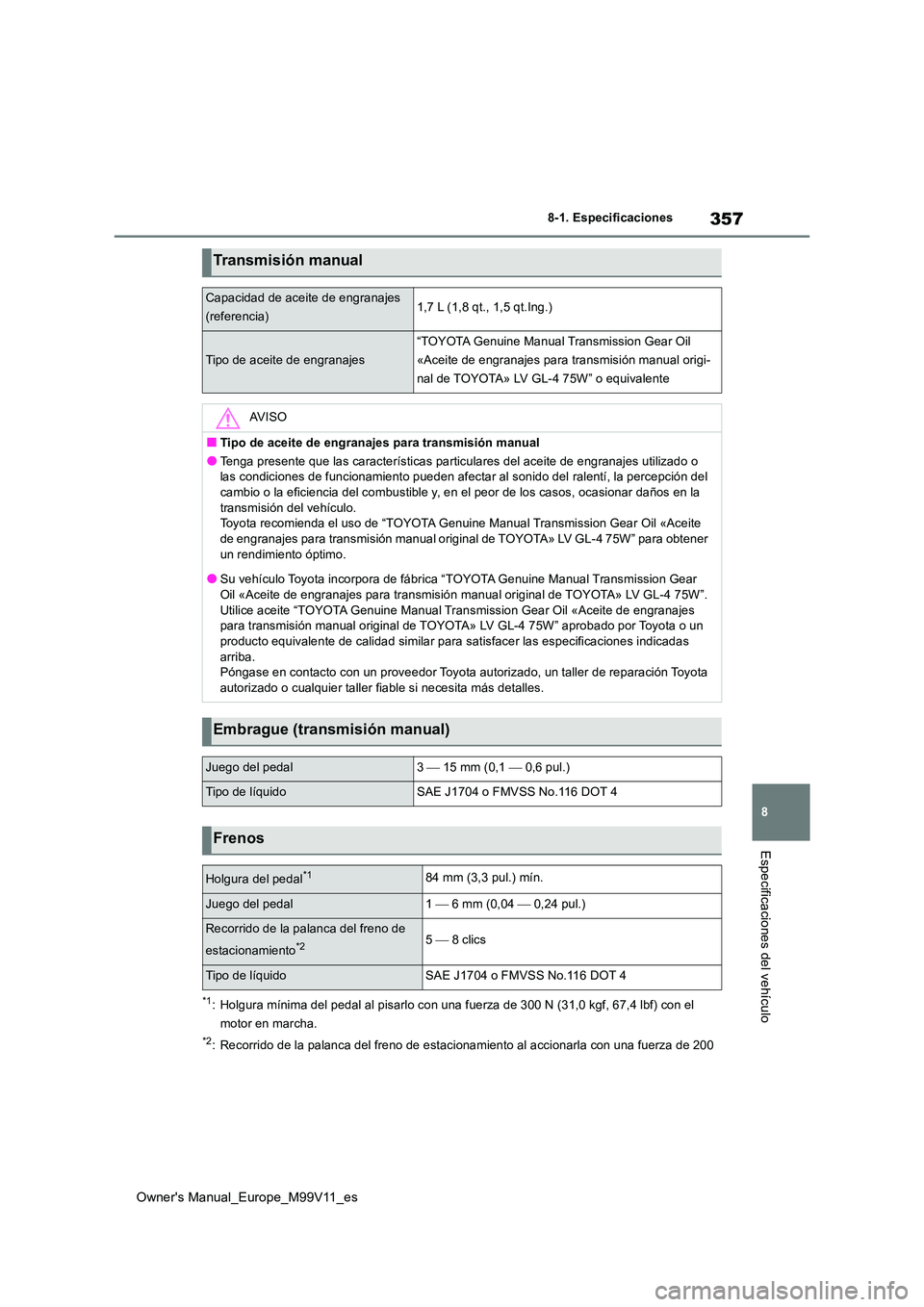 TOYOTA AYGO X 2022  Manuale de Empleo (in Spanish) 357
8
Owner's Manual_Europe_M99V11_es
8-1. Especificaciones
Especificaciones del vehículo
*1: Holgura mínima del pedal al pisarlo con una fuerza de 300 N (31,0 kgf, 67,4 lbf) con el  
motor en m