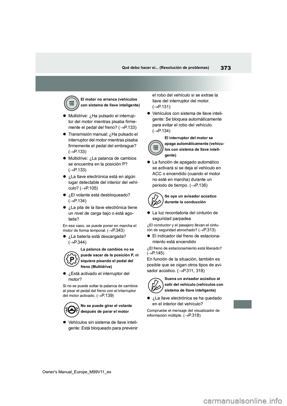 TOYOTA AYGO X 2022  Manuale de Empleo (in Spanish) 373
Owner's Manual_Europe_M99V11_es
Qué debo hacer si... (Resolución de problemas)
Multidrive: ¿Ha pulsado el interrup- 
tor del motor mientras pisaba firme-
mente el pedal del freno? ( P