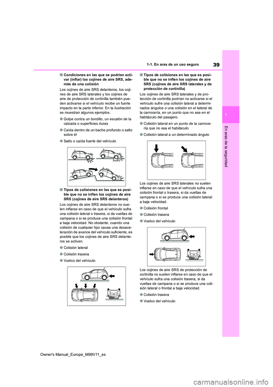 TOYOTA AYGO X 2022 Manuale de Empleo (in Spanish) 39
1
Owner's Manual_Europe_M99V11_es
1-1. En aras de un uso seguro
En aras de la seguridad
■Condiciones en las que se podrían acti- var (inflar) los cojines de aire SRS, ade-más de una colisi TOYOTA AYGO X 2022 Manuale de Empleo (in Spanish) 39
1
Owner's Manual_Europe_M99V11_es
1-1. En aras de un uso seguro
En aras de la seguridad
■Condiciones en las que se podrían acti- var (inflar) los cojines de aire SRS, ade-más de una colisi