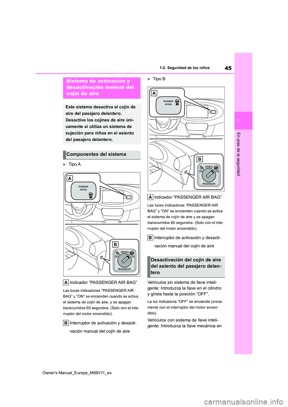 TOYOTA AYGO X 2022 Manuale de Empleo (in Spanish) 45
1
Owner's Manual_Europe_M99V11_es
1-2. Seguridad de los niños
En aras de la seguridad
1-2.Segu ridad de los niñ os
Tipo A
Indicador “PASSENGER AIR BAG”
Las luces indicadoras “PASSEN TOYOTA AYGO X 2022 Manuale de Empleo (in Spanish) 45
1
Owner's Manual_Europe_M99V11_es
1-2. Seguridad de los niños
En aras de la seguridad
1-2.Segu ridad de los niñ os
Tipo A
Indicador “PASSENGER AIR BAG”
Las luces indicadoras “PASSEN