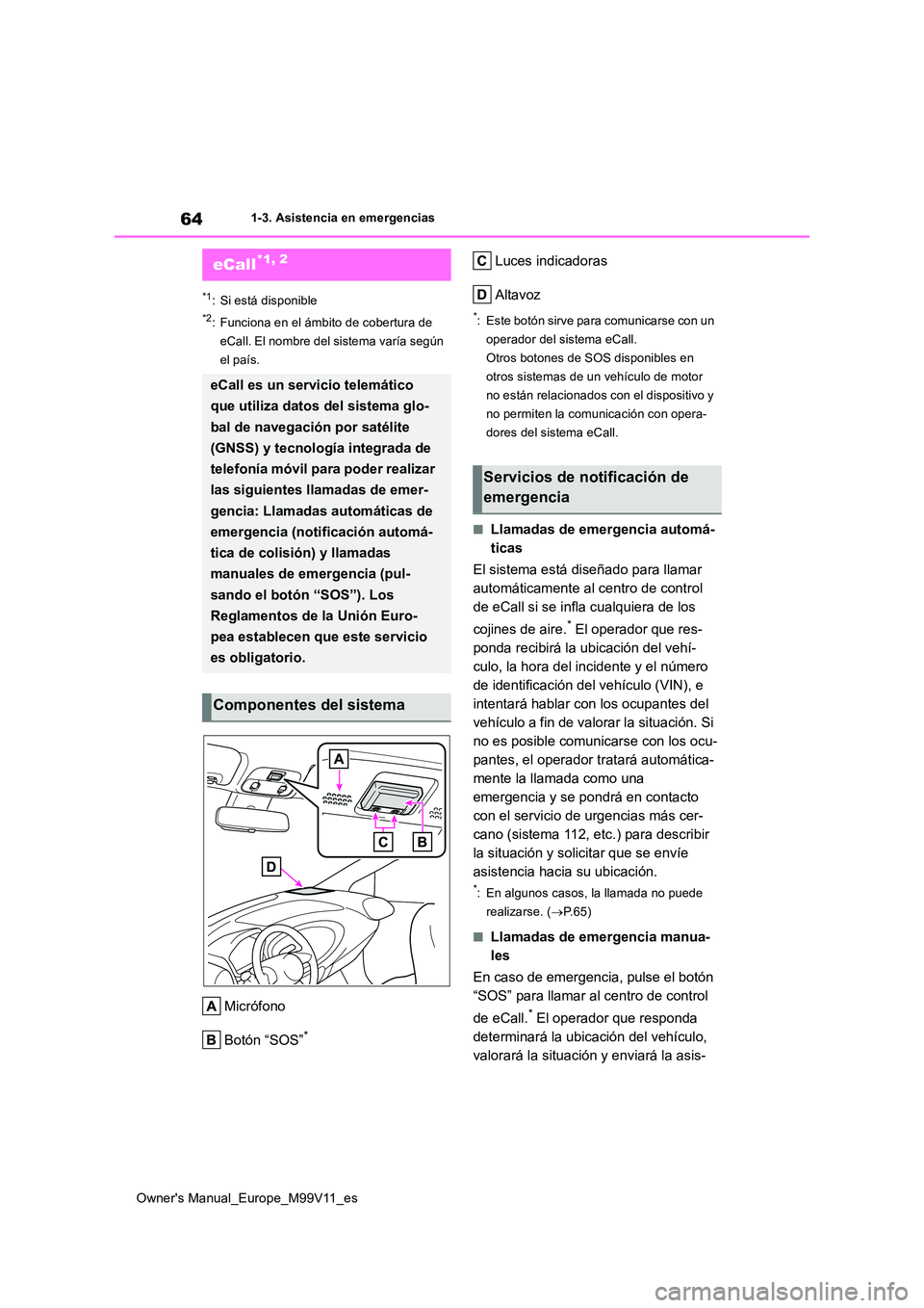 TOYOTA AYGO X 2022 Manuale de Empleo (in Spanish) 64
Owner's Manual_Europe_M99V11_es
1-3. Asistencia en emergencias
1-3.Asistencia en emergenc ias
*1: Si está disponible
*2: Funciona en el ámbito de cobertura de
eCall. El nombre del sistema v TOYOTA AYGO X 2022 Manuale de Empleo (in Spanish) 64
Owner's Manual_Europe_M99V11_es
1-3. Asistencia en emergencias
1-3.Asistencia en emergenc ias
*1: Si está disponible
*2: Funciona en el ámbito de cobertura de
eCall. El nombre del sistema v