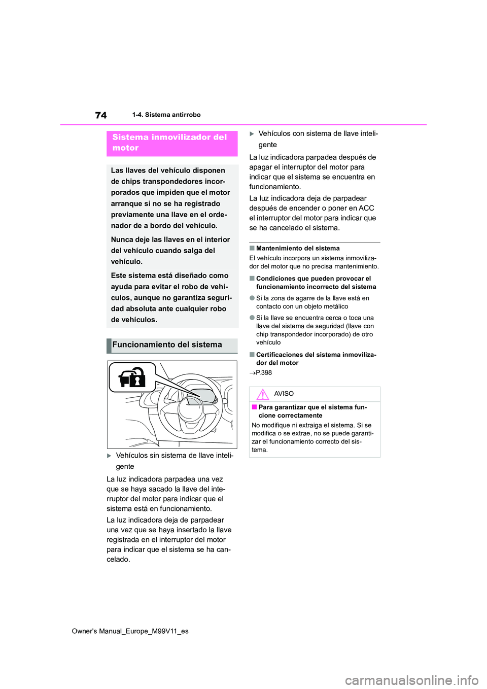 TOYOTA AYGO X 2022 Manuale de Empleo (in Spanish) 74
Owner's Manual_Europe_M99V11_es
1-4. Sistema antirrobo
1-4.Siste ma a ntirrobo
Vehículos sin sistema de llave inteli-
gente
La luz indicadora parpadea una vez
que se haya sacado la lla TOYOTA AYGO X 2022 Manuale de Empleo (in Spanish) 74
Owner's Manual_Europe_M99V11_es
1-4. Sistema antirrobo
1-4.Siste ma a ntirrobo
Vehículos sin sistema de llave inteli-
gente
La luz indicadora parpadea una vez
que se haya sacado la lla