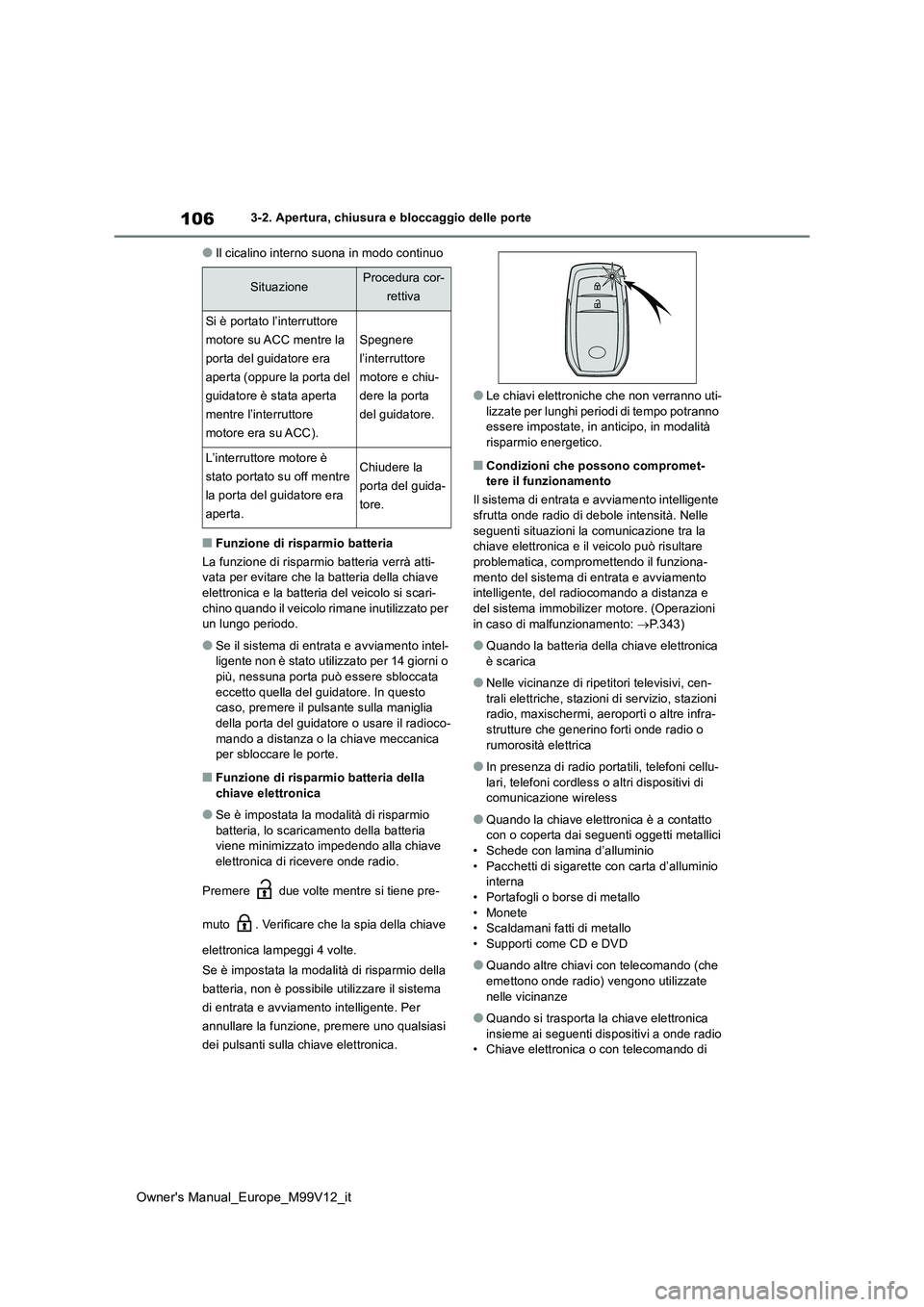 TOYOTA AYGO X 2022 Manuale duso (in Italian) 106
Owner's Manual_Europe_M99V12_it
3-2. Apertura, chiusura e bloccaggio delle porte
●Il cicalino interno suona in modo continuo
■Funzione di risparmio batteria
La funzione di risparmio batte TOYOTA AYGO X 2022 Manuale duso (in Italian) 106
Owner's Manual_Europe_M99V12_it
3-2. Apertura, chiusura e bloccaggio delle porte
●Il cicalino interno suona in modo continuo
■Funzione di risparmio batteria
La funzione di risparmio batte