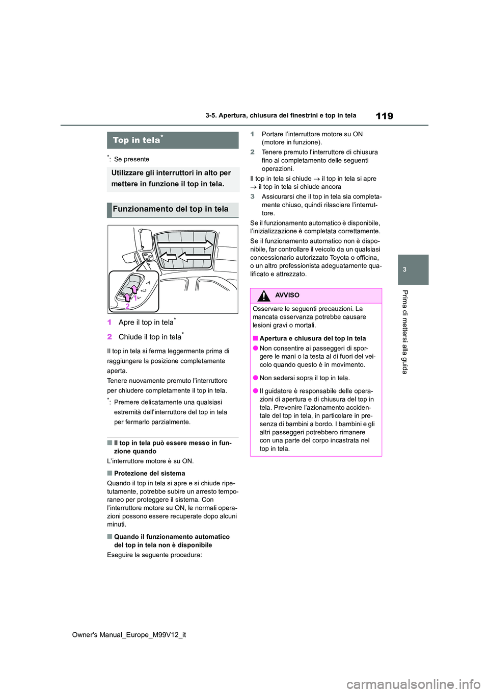 TOYOTA AYGO X 2022 Manuale duso (in Italian) 119
3
Owner's Manual_Europe_M99V12_it
3-5. Apertura, chiusura dei finestrini e top in tela
Prima di mettersi alla guida
*: Se presente
1Apre il top in tela*
2Chiude il top in tela*
Il top in tela TOYOTA AYGO X 2022 Manuale duso (in Italian) 119
3
Owner's Manual_Europe_M99V12_it
3-5. Apertura, chiusura dei finestrini e top in tela
Prima di mettersi alla guida
*: Se presente
1Apre il top in tela*
2Chiude il top in tela*
Il top in tela