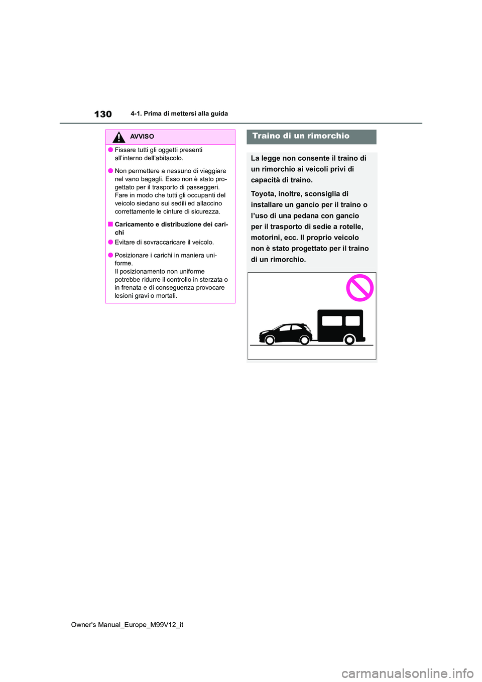 TOYOTA AYGO X 2022 Manuale duso (in Italian) 130
Owner's Manual_Europe_M99V12_it
4-1. Prima di mettersi alla guida
AVVISO
●Fissare tutti gli oggetti presenti
all’interno dell’abitacolo.
●Non permettere a nessuno di viaggiare nel v TOYOTA AYGO X 2022 Manuale duso (in Italian) 130
Owner's Manual_Europe_M99V12_it
4-1. Prima di mettersi alla guida
AVVISO
●Fissare tutti gli oggetti presenti
all’interno dell’abitacolo.
●Non permettere a nessuno di viaggiare nel v