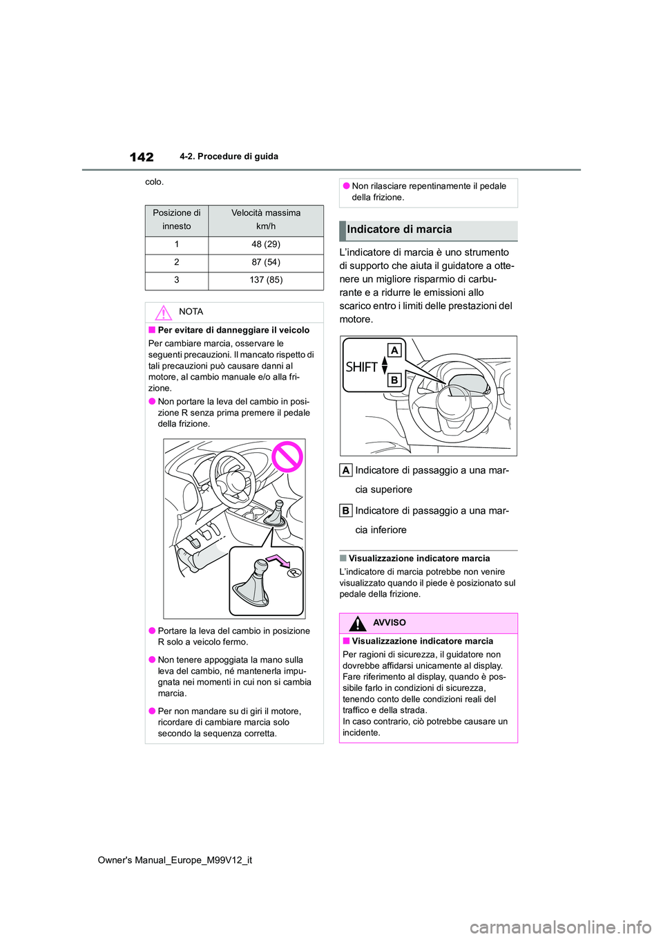 TOYOTA AYGO X 2022 Manuale duso (in Italian) 142
Owner's Manual_Europe_M99V12_it
4-2. Procedure di guida
colo.
L’indicatore di marcia è uno strumento
di supporto che aiuta il guidatore a otte-
nere un migliore risparmio di carbu-
rante TOYOTA AYGO X 2022 Manuale duso (in Italian) 142
Owner's Manual_Europe_M99V12_it
4-2. Procedure di guida
colo.
L’indicatore di marcia è uno strumento
di supporto che aiuta il guidatore a otte-
nere un migliore risparmio di carbu-
rante