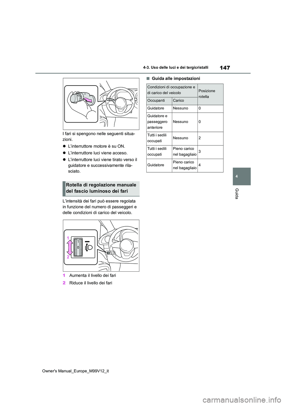 TOYOTA AYGO X 2022 Manuale duso (in Italian) 147
4
Owner's Manual_Europe_M99V12_it
4-3. Uso delle luci e dei tergicristalli
Guida
I fari si spengono nelle seguenti situa-
zioni.
L’interruttore motore è su ON.
L’interruttore l TOYOTA AYGO X 2022 Manuale duso (in Italian) 147
4
Owner's Manual_Europe_M99V12_it
4-3. Uso delle luci e dei tergicristalli
Guida
I fari si spengono nelle seguenti situa-
zioni.
L’interruttore motore è su ON.
L’interruttore l