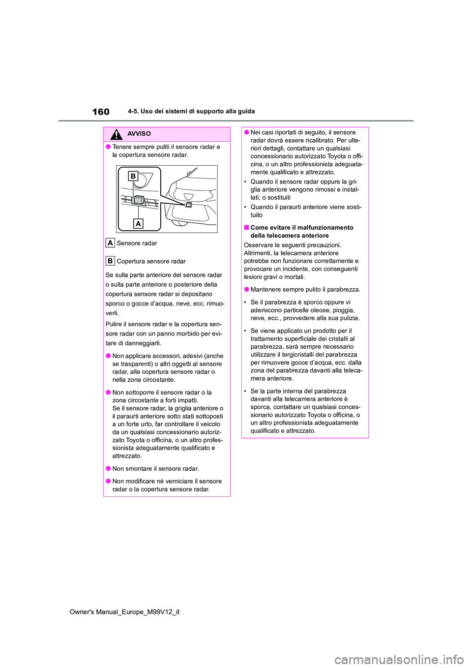 TOYOTA AYGO X 2022 Manuale duso (in Italian) 160
Owner's Manual_Europe_M99V12_it
4-5. Uso dei sistemi di supporto alla guida
AVVISO
●Tenere sempre puliti il sensore radar e
la copertura sensore radar.
Sensore radar
Copertura sensore ra TOYOTA AYGO X 2022 Manuale duso (in Italian) 160
Owner's Manual_Europe_M99V12_it
4-5. Uso dei sistemi di supporto alla guida
AVVISO
●Tenere sempre puliti il sensore radar e
la copertura sensore radar.
Sensore radar
Copertura sensore ra