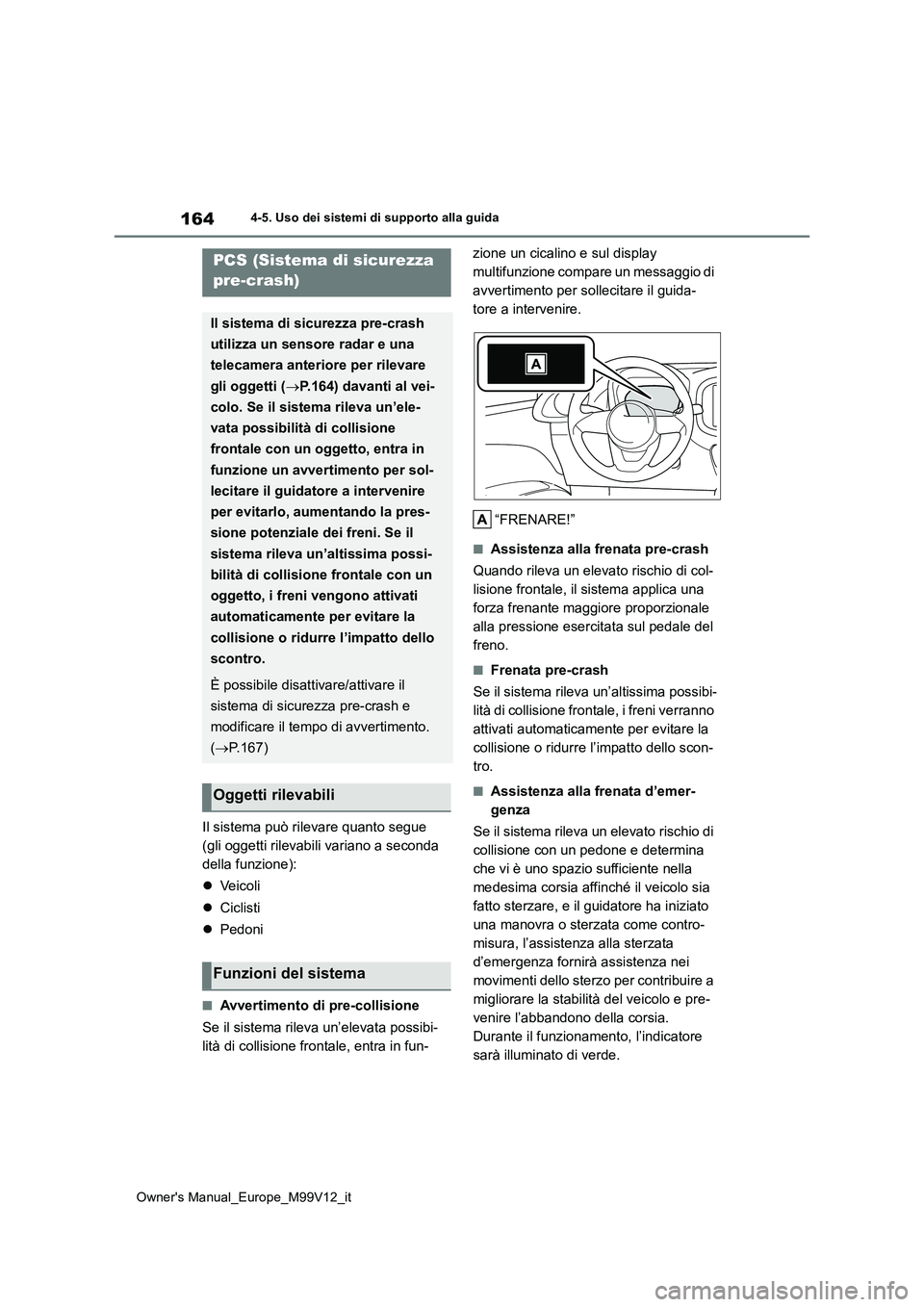 TOYOTA AYGO X 2022 Manuale duso (in Italian) 164
Owner's Manual_Europe_M99V12_it
4-5. Uso dei sistemi di supporto alla guida
Il sistema può rilevare quanto segue
(gli oggetti rilevabili variano a seconda
della funzione):
Ve i c o l TOYOTA AYGO X 2022 Manuale duso (in Italian) 164
Owner's Manual_Europe_M99V12_it
4-5. Uso dei sistemi di supporto alla guida
Il sistema può rilevare quanto segue
(gli oggetti rilevabili variano a seconda
della funzione):
Ve i c o l