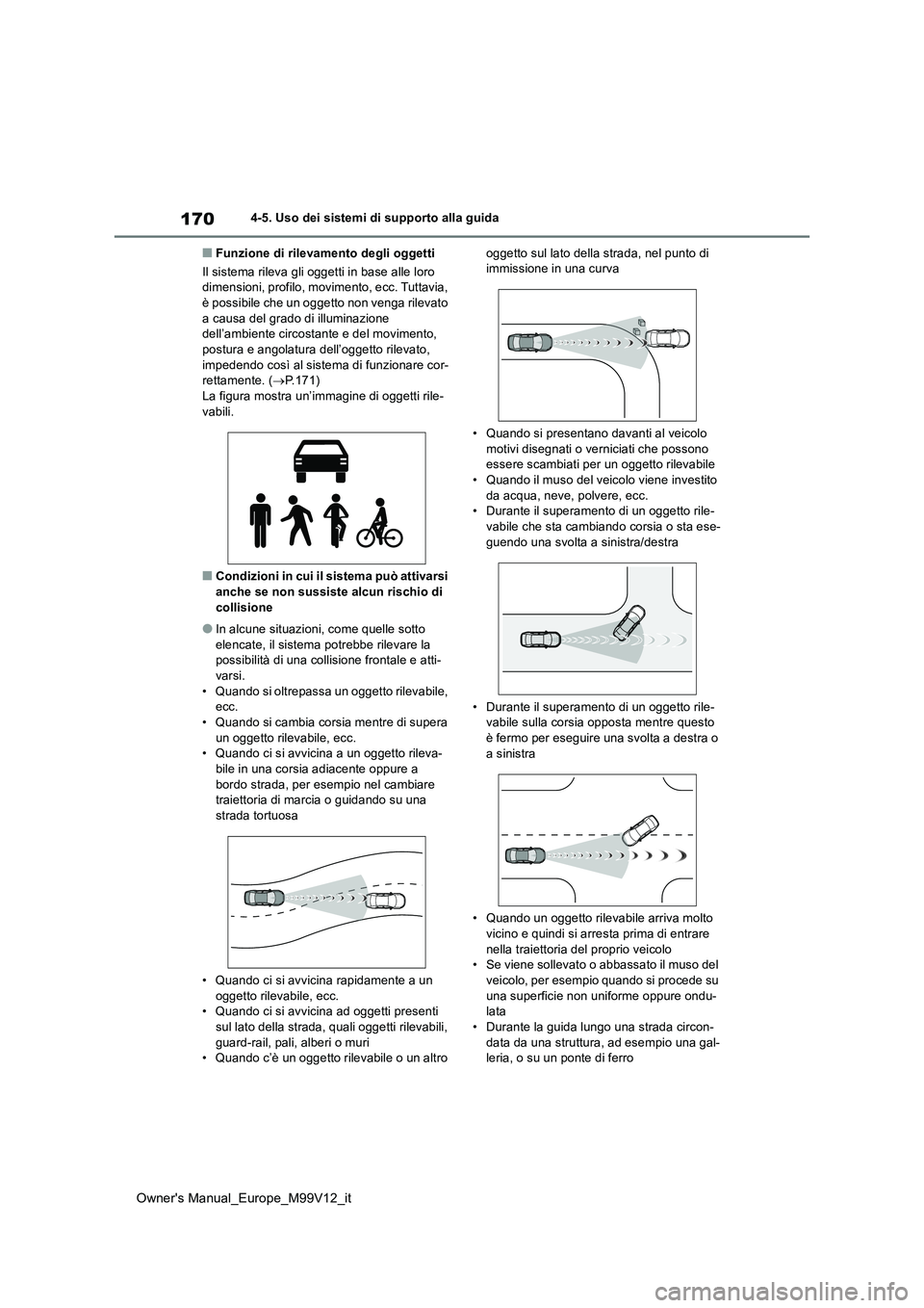 TOYOTA AYGO X 2022 Manuale duso (in Italian) 170
Owner's Manual_Europe_M99V12_it
4-5. Uso dei sistemi di supporto alla guida
■Funzione di rilevamento degli oggetti
Il sistema rileva gli oggetti in base alle loro dimensioni, profilo, movi TOYOTA AYGO X 2022 Manuale duso (in Italian) 170
Owner's Manual_Europe_M99V12_it
4-5. Uso dei sistemi di supporto alla guida
■Funzione di rilevamento degli oggetti
Il sistema rileva gli oggetti in base alle loro dimensioni, profilo, movi
