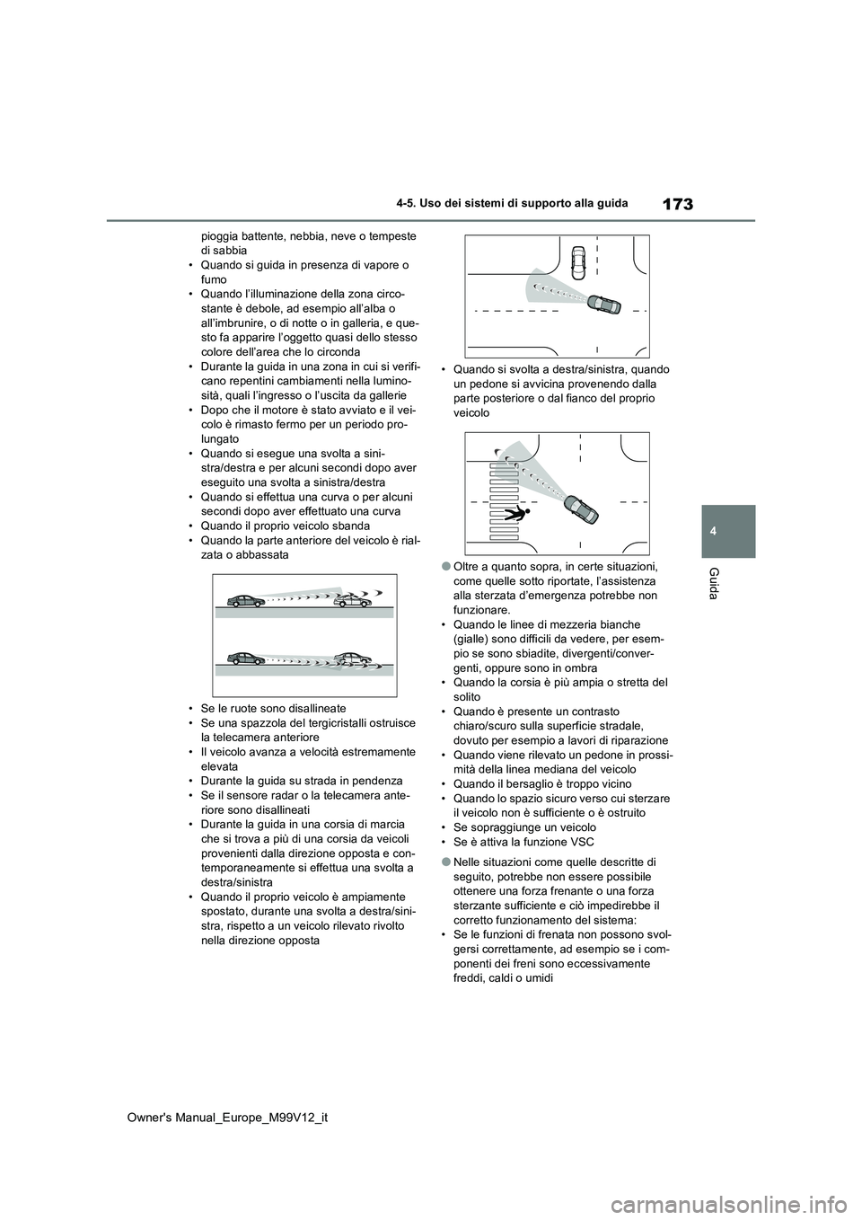 TOYOTA AYGO X 2022 Manuale duso (in Italian) 173
4
Owner's Manual_Europe_M99V12_it
4-5. Uso dei sistemi di supporto alla guida
Guida
pioggia battente, nebbia, neve o tempeste di sabbia• Quando si guida in presenza di vapore o
fumo • Q TOYOTA AYGO X 2022 Manuale duso (in Italian) 173
4
Owner's Manual_Europe_M99V12_it
4-5. Uso dei sistemi di supporto alla guida
Guida
pioggia battente, nebbia, neve o tempeste di sabbia• Quando si guida in presenza di vapore o
fumo • Q