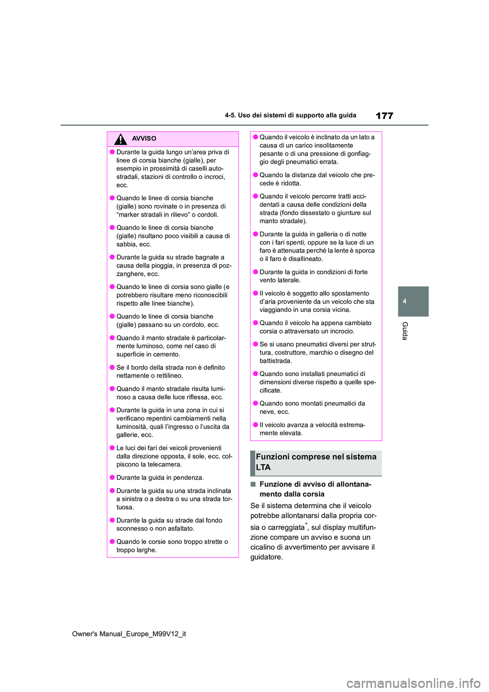 TOYOTA AYGO X 2022 Manuale duso (in Italian) 177
4
Owner's Manual_Europe_M99V12_it
4-5. Uso dei sistemi di supporto alla guida
Guida
■Funzione di avviso di allontana-
mento dalla corsia
Se il sistema determina che il veicolo
potrebbe a TOYOTA AYGO X 2022 Manuale duso (in Italian) 177
4
Owner's Manual_Europe_M99V12_it
4-5. Uso dei sistemi di supporto alla guida
Guida
■Funzione di avviso di allontana-
mento dalla corsia
Se il sistema determina che il veicolo
potrebbe a