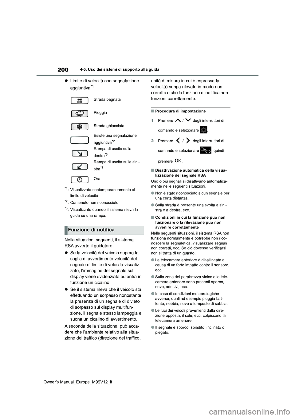 TOYOTA AYGO X 2022 Manuale duso (in Italian) 200
Owner's Manual_Europe_M99V12_it
4-5. Uso dei sistemi di supporto alla guida
Limite di velocità con segnalazione
aggiuntiva*1
*1: Visualizzata contemporaneamente al
limite di velocità
TOYOTA AYGO X 2022 Manuale duso (in Italian) 200
Owner's Manual_Europe_M99V12_it
4-5. Uso dei sistemi di supporto alla guida
Limite di velocità con segnalazione
aggiuntiva*1
*1: Visualizzata contemporaneamente al
limite di velocità