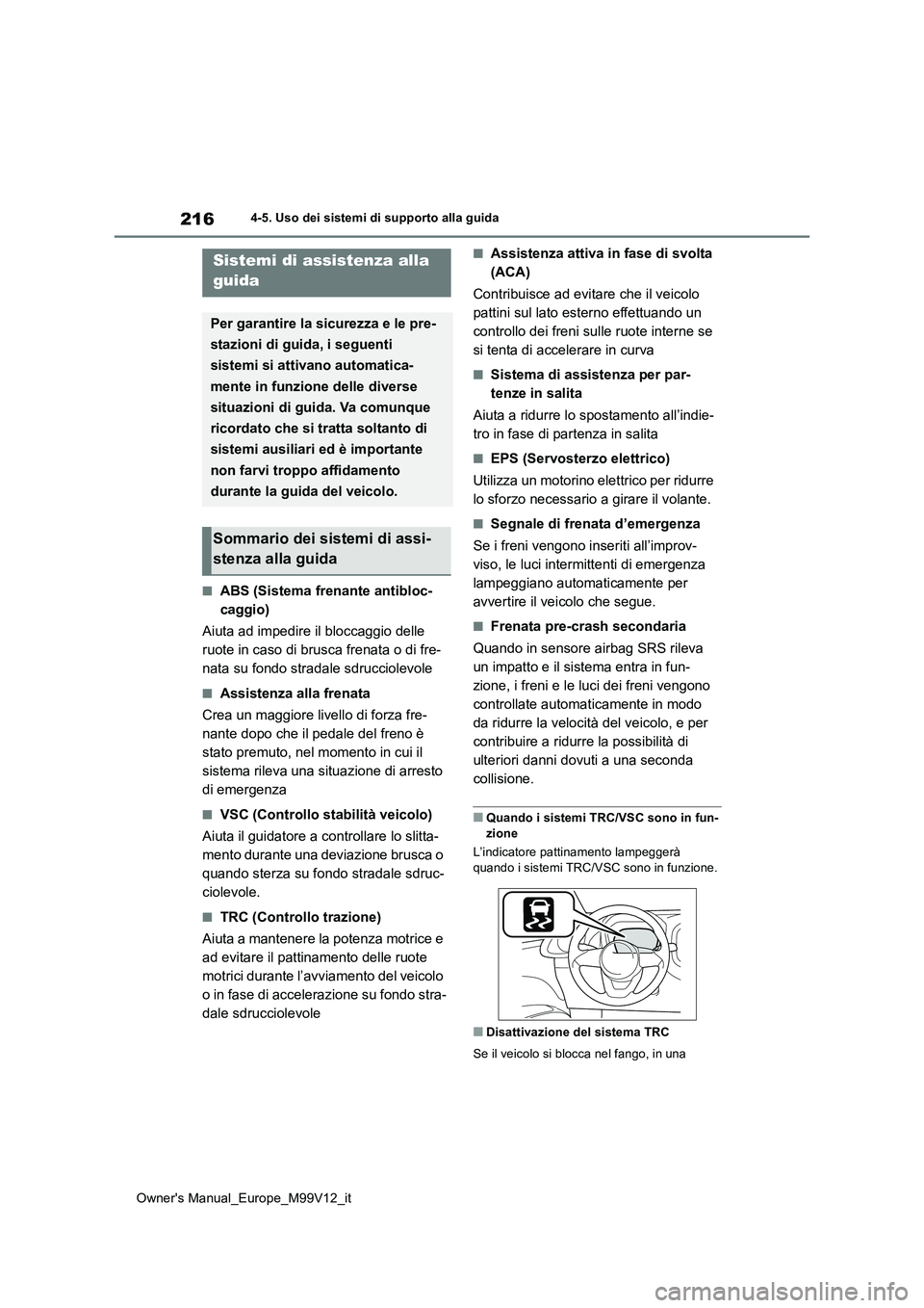 TOYOTA AYGO X 2022  Manuale duso (in Italian) 216
Owner's Manual_Europe_M99V12_it
4-5. Uso dei sistemi di supporto alla guida
■ABS (Sistema frenante antibloc- 
caggio) 
Aiuta ad impedire il bloccaggio delle  
ruote in caso di brusca frenata