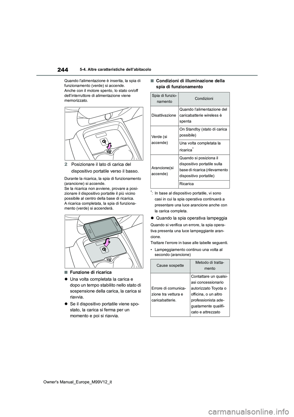 TOYOTA AYGO X 2022 Manuale duso (in Italian) 244
Owner's Manual_Europe_M99V12_it
5-4. Altre caratteristiche dell’abitacolo
Quando l’alimentazione è inserita, la spia di funzionamento (verde) si accende.Anche con il motore spento, lo s TOYOTA AYGO X 2022 Manuale duso (in Italian) 244
Owner's Manual_Europe_M99V12_it
5-4. Altre caratteristiche dell’abitacolo
Quando l’alimentazione è inserita, la spia di funzionamento (verde) si accende.Anche con il motore spento, lo s