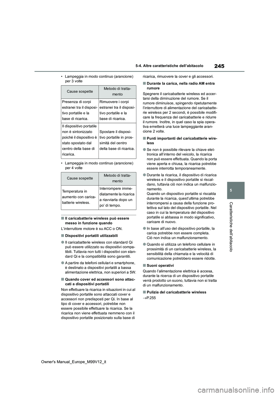 TOYOTA AYGO X 2022 Manuale duso (in Italian) 245
5
Owner's Manual_Europe_M99V12_it
5-4. Altre caratteristiche dell’abitacolo
Caratteristiche dell’abitacolo
• Lampeggia in modo continuo (arancione) per 3 volte
• Lampeggia in modo co TOYOTA AYGO X 2022 Manuale duso (in Italian) 245
5
Owner's Manual_Europe_M99V12_it
5-4. Altre caratteristiche dell’abitacolo
Caratteristiche dell’abitacolo
• Lampeggia in modo continuo (arancione) per 3 volte
• Lampeggia in modo co