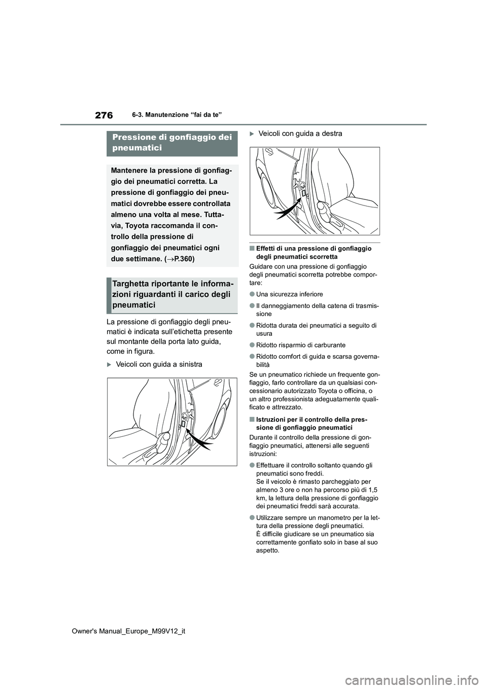 TOYOTA AYGO X 2022 Manuale duso (in Italian) 276
Owner's Manual_Europe_M99V12_it
6-3. Manutenzione “fai da te”
La pressione di gonfiaggio degli pneu-
matici è indicata sull’etichetta presente
sul montante della porta lato guida,
co TOYOTA AYGO X 2022 Manuale duso (in Italian) 276
Owner's Manual_Europe_M99V12_it
6-3. Manutenzione “fai da te”
La pressione di gonfiaggio degli pneu-
matici è indicata sull’etichetta presente
sul montante della porta lato guida,
co