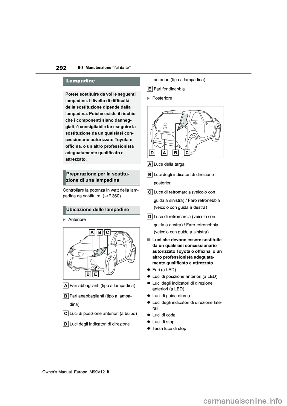 TOYOTA AYGO X 2022 Manuale duso (in Italian) 292
Owner's Manual_Europe_M99V12_it
6-3. Manutenzione “fai da te”
Controllare la potenza in watt della lam-
padina da sostituire. ( P.360)
Anteriore
Fari abbaglianti (tipo a lampadina) TOYOTA AYGO X 2022 Manuale duso (in Italian) 292
Owner's Manual_Europe_M99V12_it
6-3. Manutenzione “fai da te”
Controllare la potenza in watt della lam-
padina da sostituire. ( P.360)
Anteriore
Fari abbaglianti (tipo a lampadina)