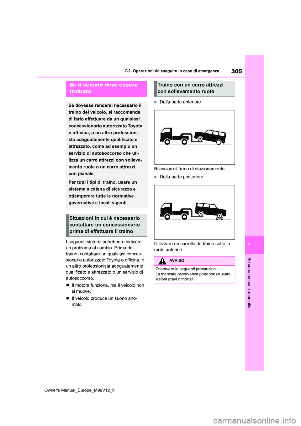 TOYOTA AYGO X 2022  Manuale duso (in Italian) 305
7
Owner's Manual_Europe_M99V12_it
7-2. Operazioni da eseguire in caso di emergenza
Se sono presenti anomalie
7-2.Operazioni da eseg uire in  ca so di eme rgen za
I seguenti sintomi potrebbero  TOYOTA AYGO X 2022  Manuale duso (in Italian) 305
7
Owner's Manual_Europe_M99V12_it
7-2. Operazioni da eseguire in caso di emergenza
Se sono presenti anomalie
7-2.Operazioni da eseg uire in  ca so di eme rgen za
I seguenti sintomi potrebbero