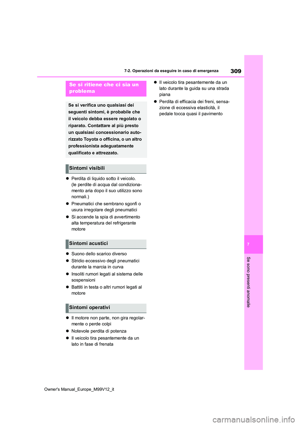 TOYOTA AYGO X 2022 Manuale duso (in Italian) 309
7
Owner's Manual_Europe_M99V12_it
7-2. Operazioni da eseguire in caso di emergenza
Se sono presenti anomalie
Perdita di liquido sotto il veicolo.
(le perdite di acqua dal condiziona-
mento TOYOTA AYGO X 2022 Manuale duso (in Italian) 309
7
Owner's Manual_Europe_M99V12_it
7-2. Operazioni da eseguire in caso di emergenza
Se sono presenti anomalie
Perdita di liquido sotto il veicolo.
(le perdite di acqua dal condiziona-
mento