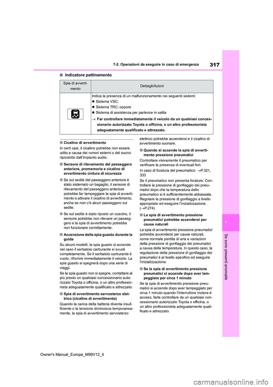 TOYOTA AYGO X 2022  Manuale duso (in Italian) 317
7
Owner's Manual_Europe_M99V12_it
7-2. Operazioni da eseguire in caso di emergenza
Se sono presenti anomalie
■Indicatore pattinamento
■Cicalino di avvertimento 
In certi casi, il cicalino 