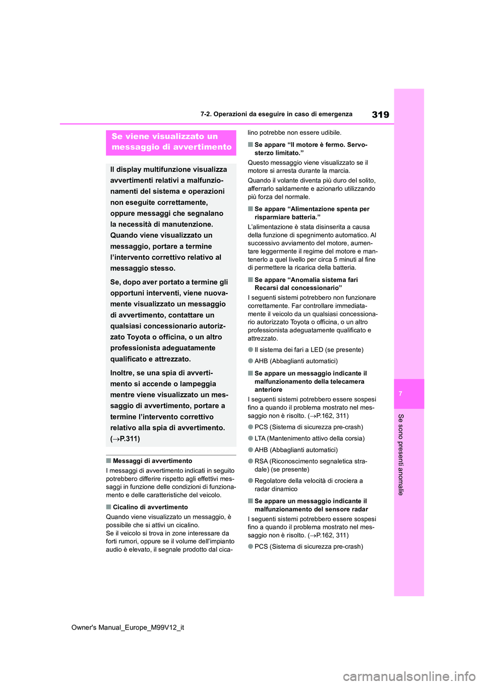 TOYOTA AYGO X 2022  Manuale duso (in Italian) 319
7
Owner's Manual_Europe_M99V12_it
7-2. Operazioni da eseguire in caso di emergenza
Se sono presenti anomalie
■Messaggi di avvertimento 
I messaggi di avvertimento indicati in seguito  
potre