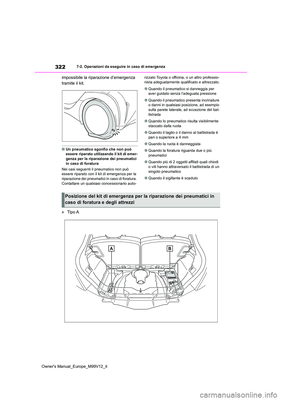 TOYOTA AYGO X 2022 Manuale duso (in Italian) 322
Owner's Manual_Europe_M99V12_it
7-2. Operazioni da eseguire in caso di emergenza
impossibile la riparazione d’emergenza
tramite il kit.
■Un pneumatico sgonfio che non può essere ripara TOYOTA AYGO X 2022 Manuale duso (in Italian) 322
Owner's Manual_Europe_M99V12_it
7-2. Operazioni da eseguire in caso di emergenza
impossibile la riparazione d’emergenza
tramite il kit.
■Un pneumatico sgonfio che non può essere ripara