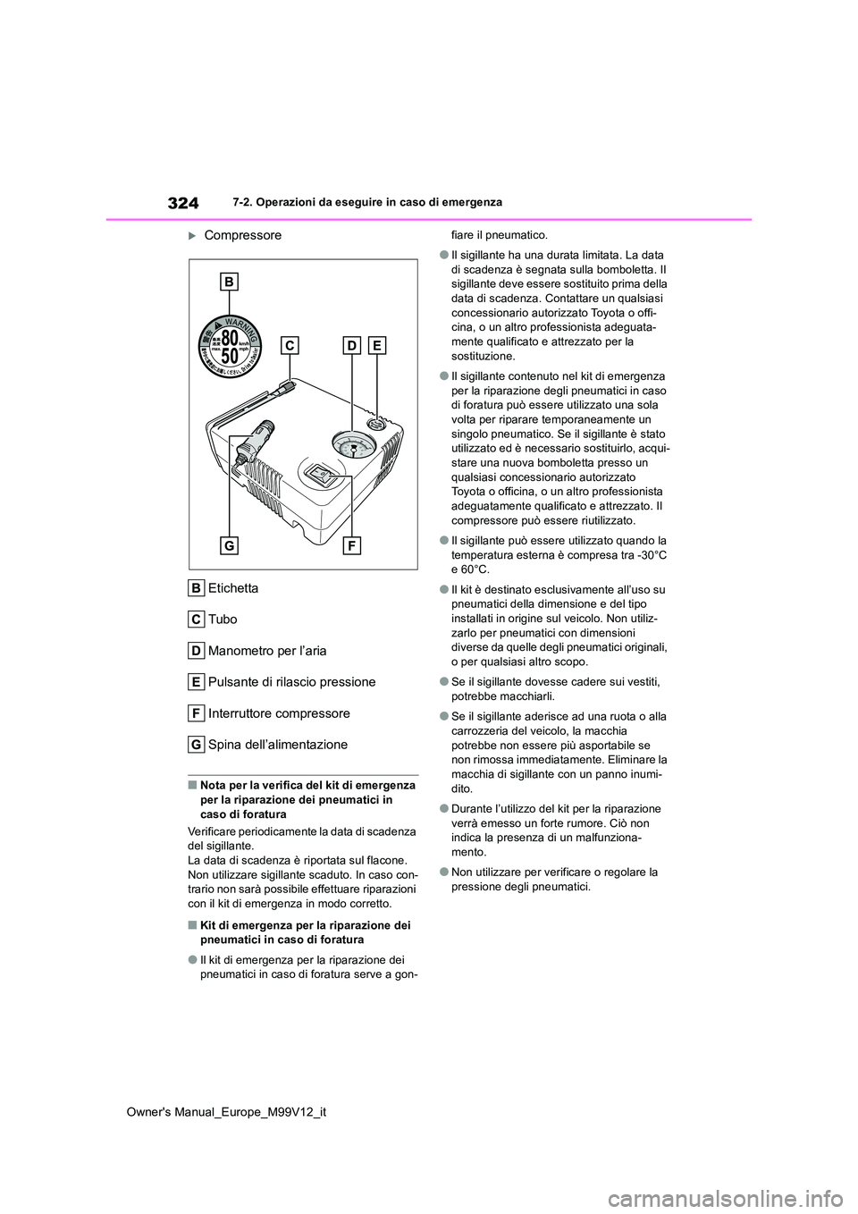 TOYOTA AYGO X 2022 Manuale duso (in Italian) 324
Owner's Manual_Europe_M99V12_it
7-2. Operazioni da eseguire in caso di emergenza
Compressore
Etichetta
Tubo
Manometro per l’aria
Pulsante di rilascio pressione
Interruttore compressore
TOYOTA AYGO X 2022 Manuale duso (in Italian) 324
Owner's Manual_Europe_M99V12_it
7-2. Operazioni da eseguire in caso di emergenza
Compressore
Etichetta
Tubo
Manometro per l’aria
Pulsante di rilascio pressione
Interruttore compressore