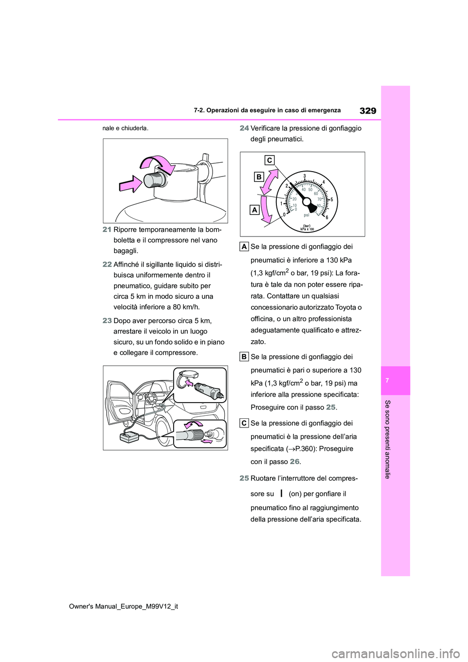 TOYOTA AYGO X 2022 Manuale duso (in Italian) 329
7
Owner's Manual_Europe_M99V12_it
7-2. Operazioni da eseguire in caso di emergenza
Se sono presenti anomalie
nale e chiuderla.
21Riporre temporaneamente la bom-
boletta e il compressore nel v TOYOTA AYGO X 2022 Manuale duso (in Italian) 329
7
Owner's Manual_Europe_M99V12_it
7-2. Operazioni da eseguire in caso di emergenza
Se sono presenti anomalie
nale e chiuderla.
21Riporre temporaneamente la bom-
boletta e il compressore nel v