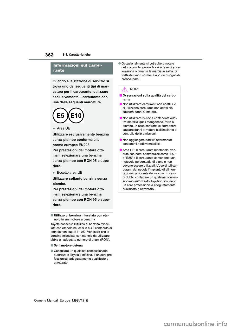 TOYOTA AYGO X 2022 Manuale duso (in Italian) 362
Owner's Manual_Europe_M99V12_it
8-1. Caratteristiche
■Utilizzo di benzina miscelata con eta- nolo in un motore a benzina
Toyota consente l’utilizzo di benzina misce-
lata con etanolo nei TOYOTA AYGO X 2022 Manuale duso (in Italian) 362
Owner's Manual_Europe_M99V12_it
8-1. Caratteristiche
■Utilizzo di benzina miscelata con eta- nolo in un motore a benzina
Toyota consente l’utilizzo di benzina misce-
lata con etanolo nei