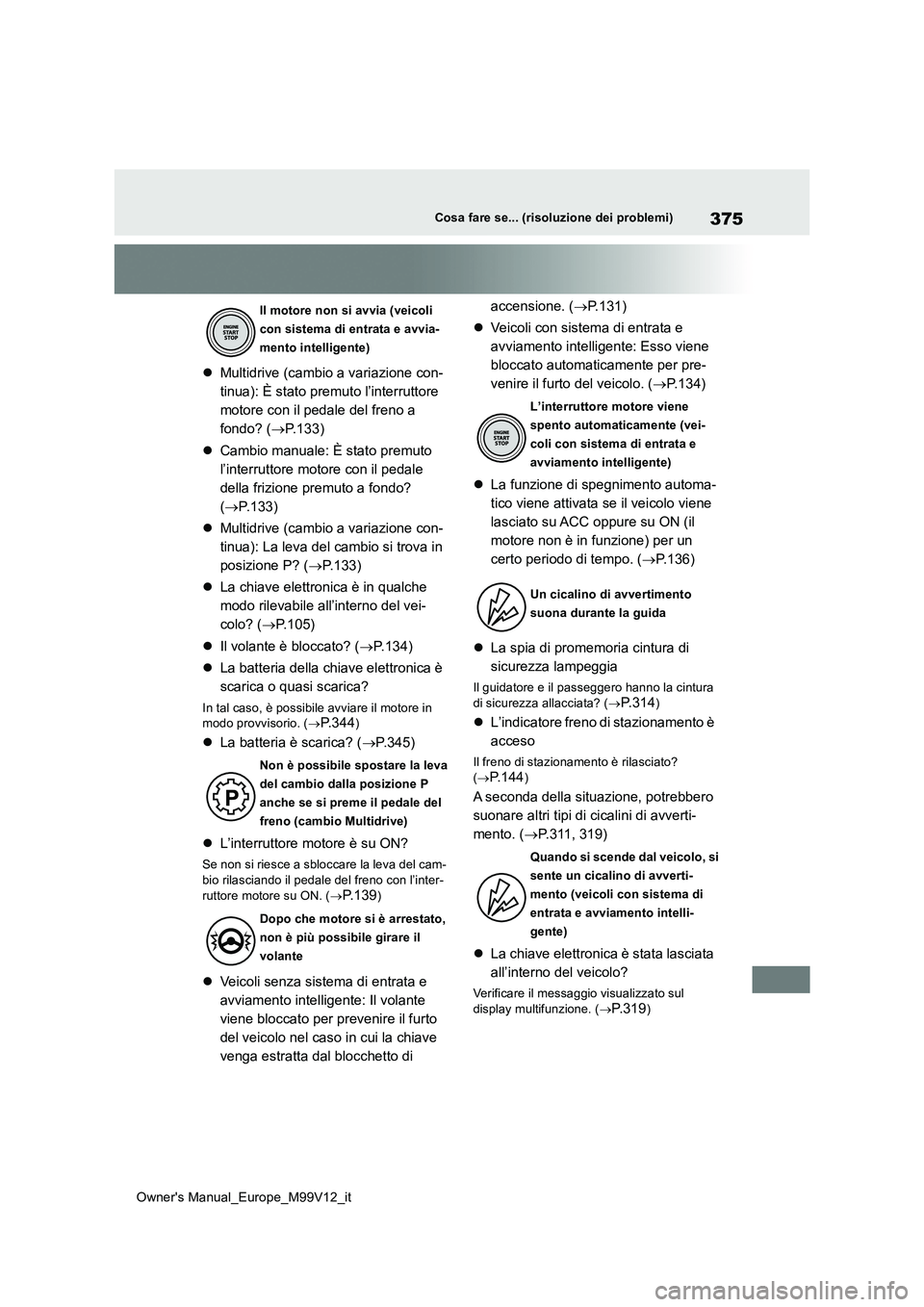 TOYOTA AYGO X 2022 Manuale duso (in Italian) 375
Owner's Manual_Europe_M99V12_it
Cosa fare se... (risoluzione dei problemi)
Multidrive (cambio a variazione con-
tinua): È stato premuto l’interruttore
motore con il pedale del freno a TOYOTA AYGO X 2022 Manuale duso (in Italian) 375
Owner's Manual_Europe_M99V12_it
Cosa fare se... (risoluzione dei problemi)
Multidrive (cambio a variazione con-
tinua): È stato premuto l’interruttore
motore con il pedale del freno a