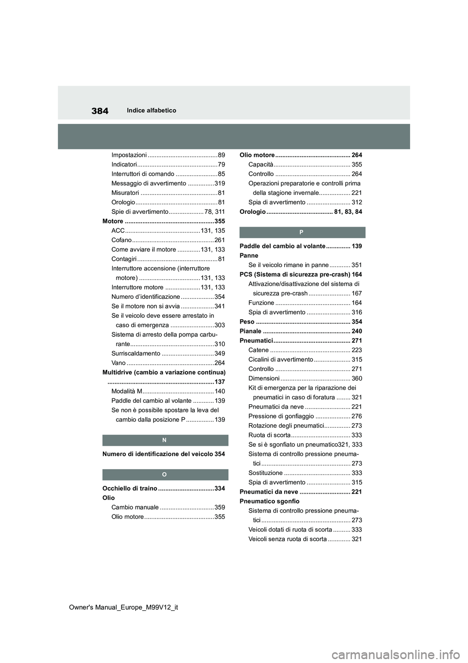 TOYOTA AYGO X 2022 Manuale duso (in Italian) 384
Owner's Manual_Europe_M99V12_it
Indice alfabetico
Impostazioni ........................................ 89
Indicatori.............................................. 79
Interruttori di comando TOYOTA AYGO X 2022 Manuale duso (in Italian) 384
Owner's Manual_Europe_M99V12_it
Indice alfabetico
Impostazioni ........................................ 89
Indicatori.............................................. 79
Interruttori di comando