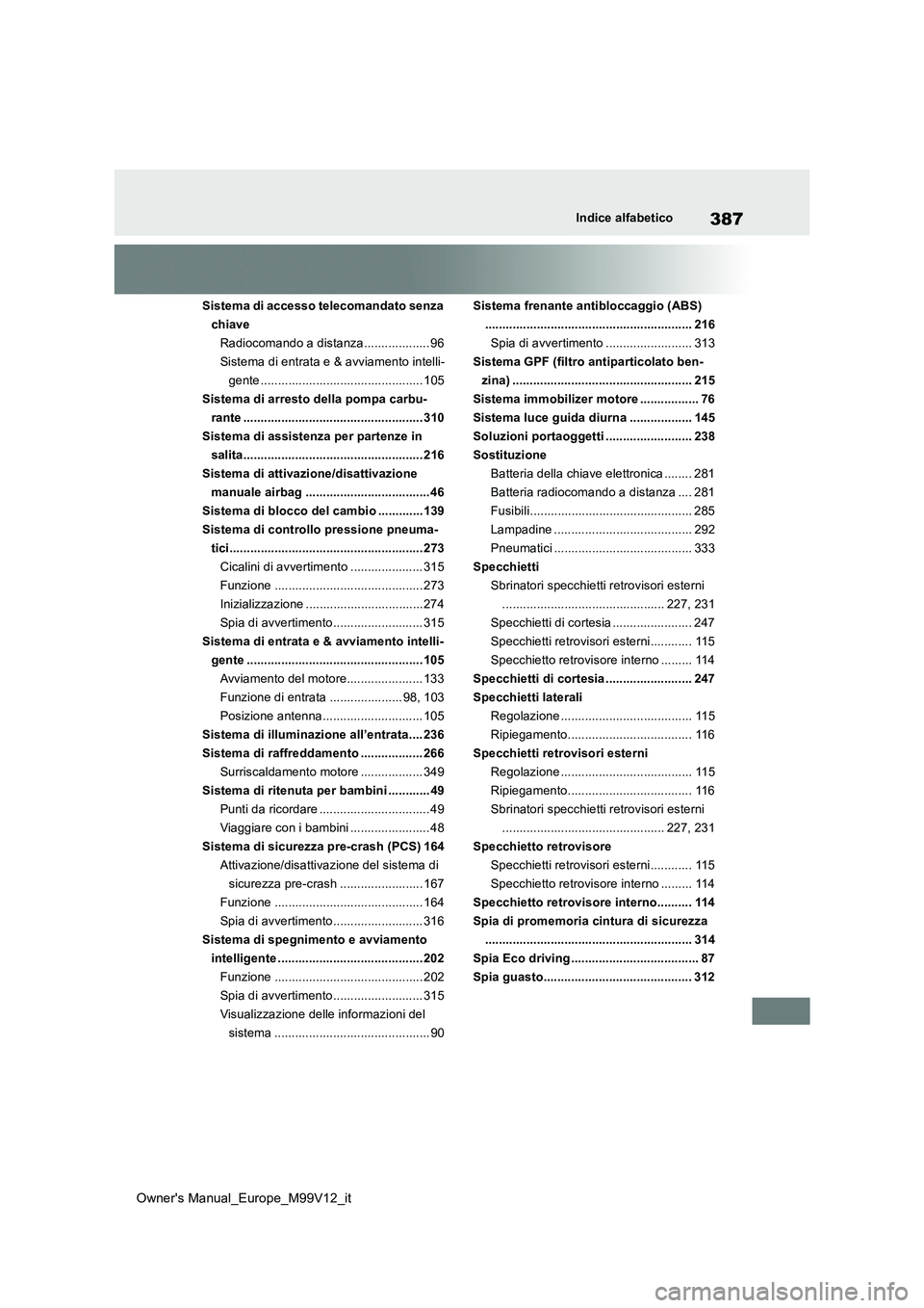 TOYOTA AYGO X 2022  Manuale duso (in Italian) 387
Owner's Manual_Europe_M99V12_it
Indice alfabetico
Sistema di accesso telecomandato senza  
chiave
Radiocomando a distanza................... 96
Sistema di entrata e & avviamento intelli-
gente